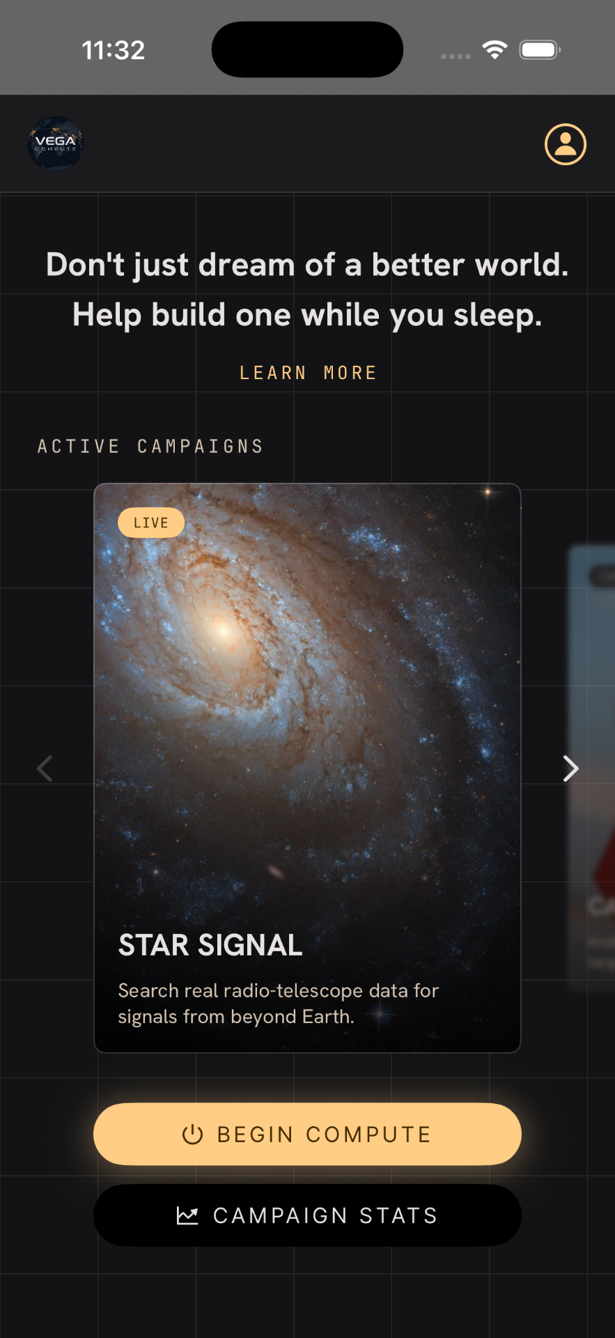 VEGA Compute iOS app home screen