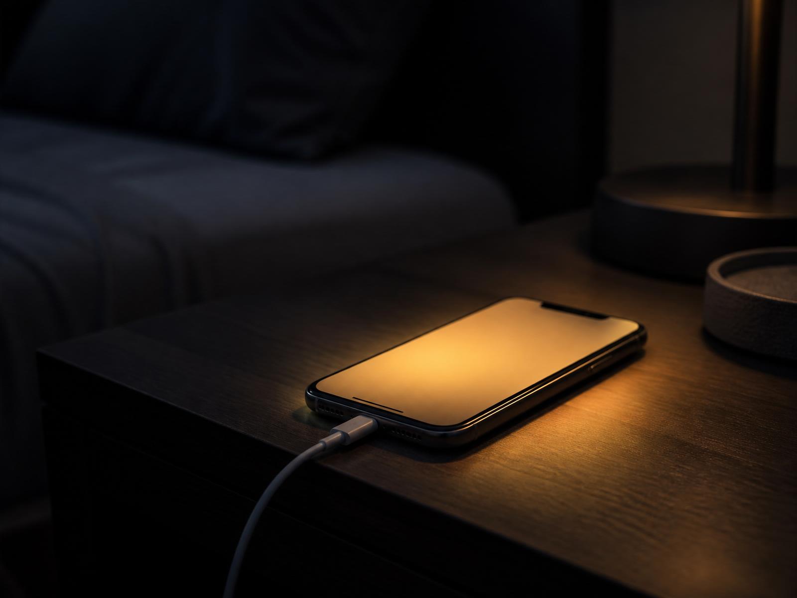 An iPhone charging overnight on a nightstand, screen glowing warm amber