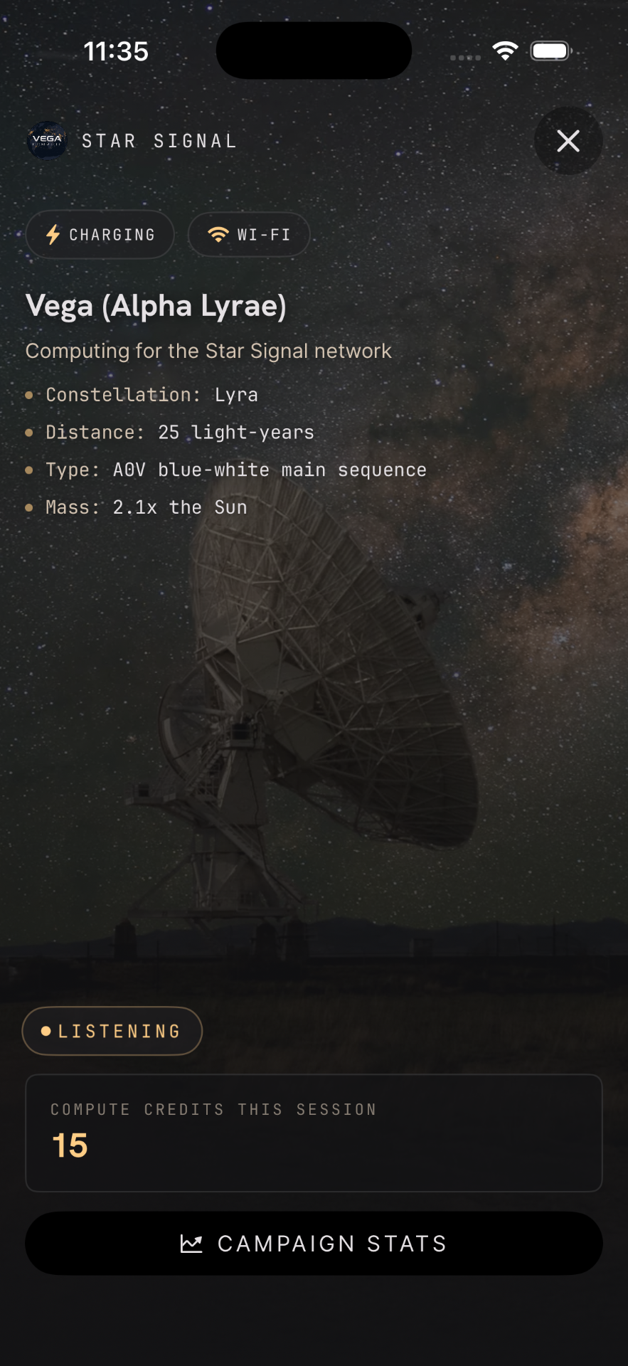 VEGA Compute live computing session screen